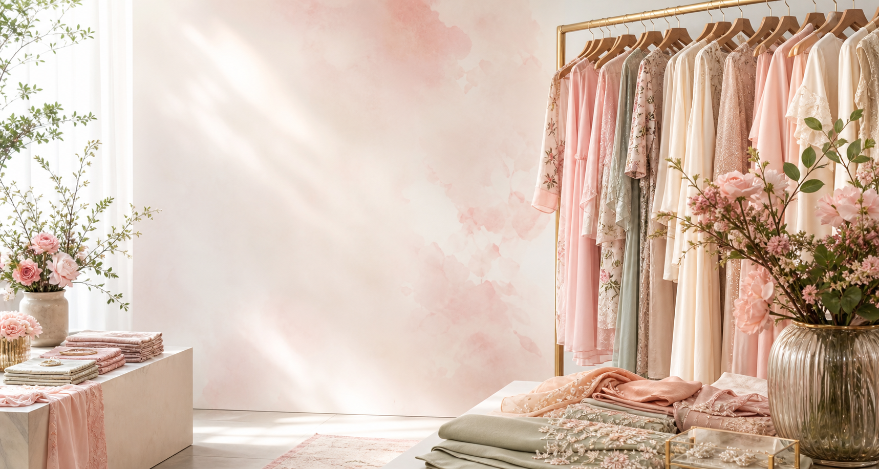 A soft editorial fashion boutique scene with pastel garments and blush florals